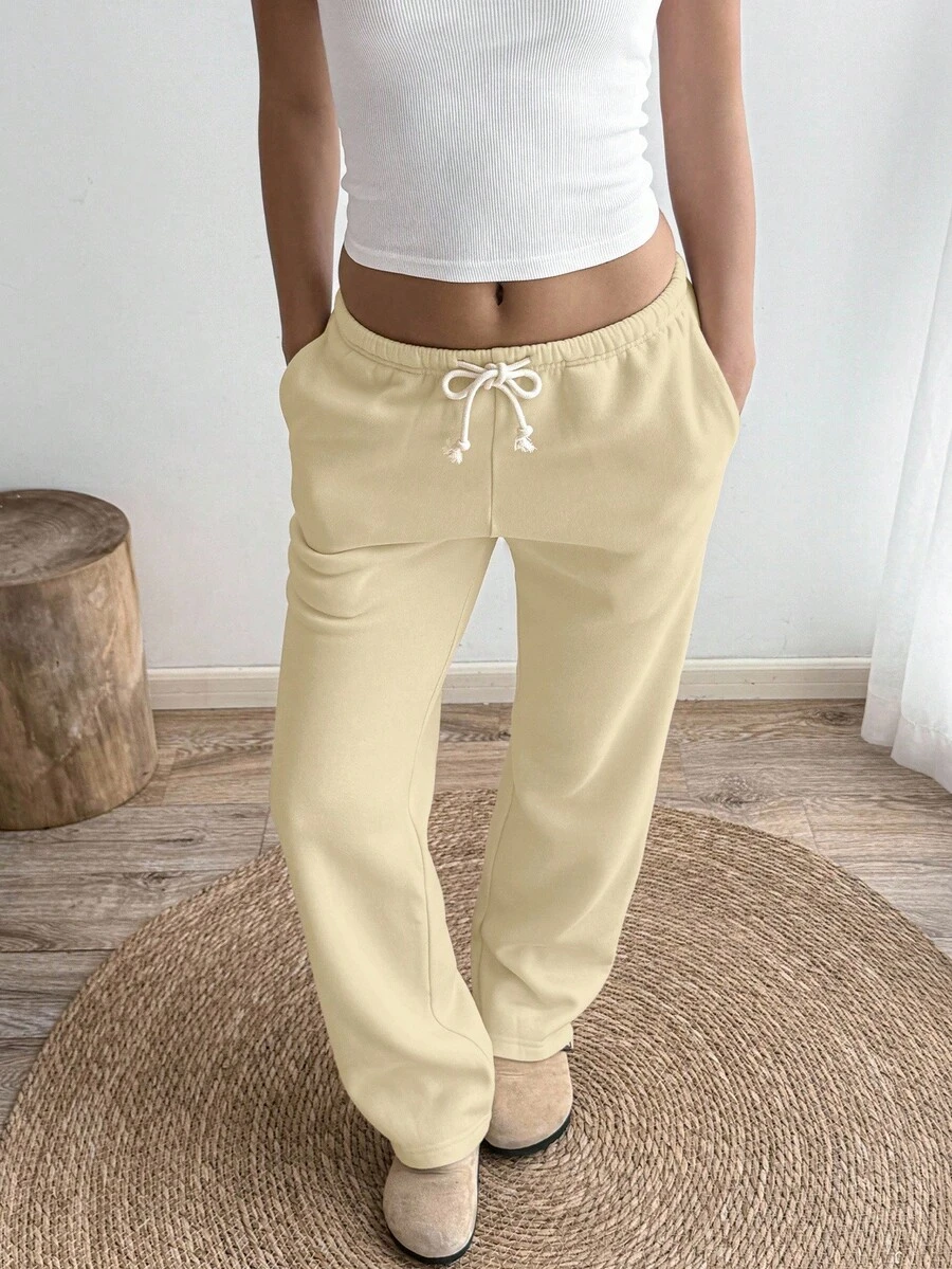 SHEIN Unity Apricot Low Waist Drawstring Tie Slant Pocket Straight Wide Leg Sweatpants, Fashion Minimalist Casual Daily Versatile, Suitable For Petite Women, Spring/Autumn - Apricot - View 1