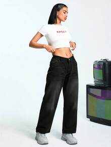 EURMUSE 低腰宽松直筒牛仔裤 - 黑色 - 查看 5