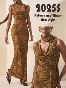 Zivah Abito lungo da donna in stile boho, country, western, vacanza al mare, casual, d'avanguardia, da festa, carino e dolce, stile Y2K del millennio, sexy scollo a V, senza maniche, snellente, con decorazione a sciarpa, stampa zebrata, colori cachi, marrone e rete, in tessuto di velluto lavorato a maglia, primavera/estate 2025 - Cachi - Visualizzare 5
