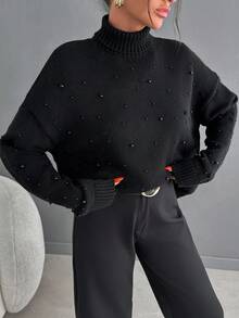 EURMUSE Women's Pearl Turtleneck Long Sleeves Sweater - Black - View 7