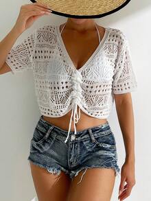 Swim Vcay 女款純色短袖v領束腰花編短款套頭上衣 - 白色 - 查看 4
