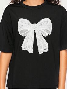 Radiana 2 件 Tween Girl 休闲蕾丝蝴蝶结图案 T 恤和长裤套装，适合春夏季 - 黑色 - 查看 5