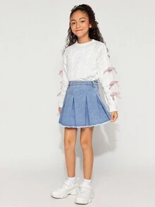 Radiana Tween Girls的y2k款實色褶皺生邊牛仔短裙,適合春夏波西米亞搭配 - 淺色水洗藍 - 查看 6