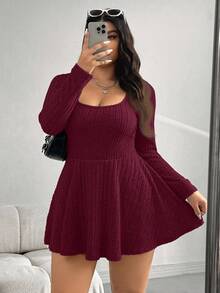 SHEIN EZwear 大码纯色方领连体裤，酒红色，秋季 - 酒紅色 - 查看 3
