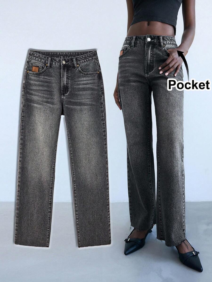 Maija 女式休闲磨边口袋牛仔裤 - 黑色 - 查看 1