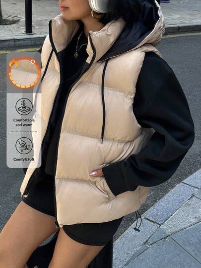 EURMUSE Women Solid Color Contrast Hooded Detailed Winter Vests Fleece