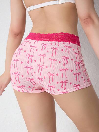 1 pièce Short de sécurité pour femmes avec imprimé nœud papillon kawaii et patchwork en dentelle