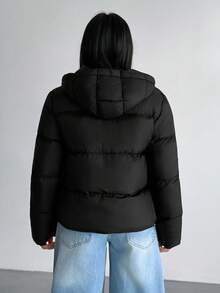 HOOD DRAWSTRING METALLICAL ZIP BODY POCKET PUFFER WINTERCOAT - Black - View 2