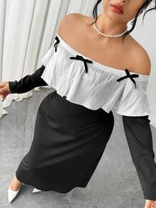 Elenzga Plus Size Women Elegant Fitted Off Shoulder Long Sleeve Patchwork White Bow Collar Dress, Autumn/Winter - Black - View 6