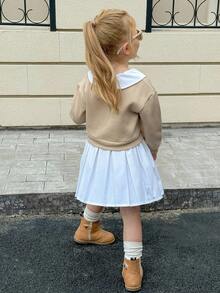 Playful Pals Young Girl Casual Lapel Drop Shoulder Front English Slogan Print Back Snap Button Elastic Waist Long Sleeve Set, Autumn/Winter Fall Clothes - Khaki - View 7