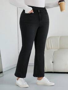 SHEIN CURVE+ Women Plus Black Autumn And Winter High Elastic Thermal Lined Asymmetrical Waist Flared Jeans,Smart Casual Everyday Chic Halloween Costumes Style - Black - View 8