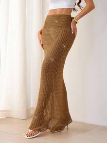 SHEIN Tall Váy len dáng đuôi cá ôm sát, màu trơn cổ điển, phong cách thường ngày và thời trang, thích hợp cho mùa xuân/hè/váy maxi/dự tiệc/đi biển. - màu nâu - Xem 10