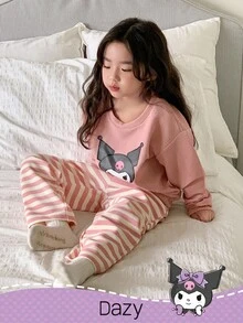 DAZY HELLO KITTY AND FRIENDS | SHEIN 少女圆领针织长袖运动衫和条纹裤睡衣套装，秋季 - 粉色 - 查看 1