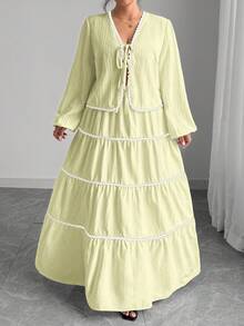 SHEIN Tall 大码女式纹理编织长袖系带前撞色荷叶边设计松紧腰长裙法式浪漫两件套 - 黃色 - 查看 3