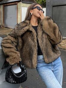 DAZY 女士复古蓬松外套，时尚秋冬夹克仿皮草大衣 - 棕色 - 查看 7