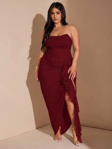 SHEIN BAE Gaun Jala Burgundy Elegan Ukuran Plus untuk Wanita, Gaun Koktail Musim Dingin dengan Belahan Ruffle, Cocok untuk Kencan, Pernikahan, Pesta, Wisuda, dan Liburan. - Burgundy - View 2