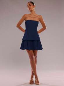 SHEIN BAE 简约纯色束腰抹胸女式迷你连衣裙 - 藏蓝色 - 查看 4