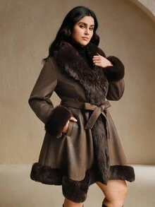 Anewsta Manteau mi-long ceinturé avec bordure en fausse fourrure élégant et pour femmes, grande taille, automne/hiver - Tabac - Voir 3