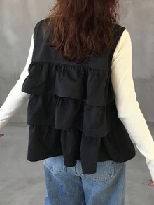 FRIFUL Women's Casual Solid Color Ruffle Hem Sleeveless Jacket, Summer Women Coats - Black - View 5