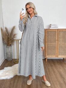 EMERY ROSE 女式条纹落肩长袖纽扣半襟休闲宽松衬衫裙 - 黑與白 - 查看 5