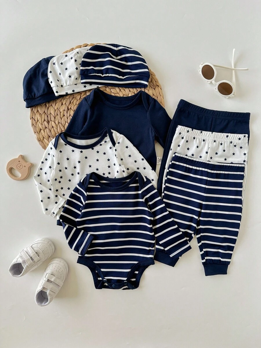 Bộ đồ sơ sinh 3 món cho bé gái, bộ đồ liền thân dài tay họa tiết sọc sao dễ thương, thường ngày, quần, mũ - Nhiều màu - Xem 1