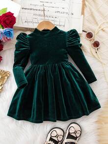 Elegant & Cute Velvet Green Long Sleeve Dress For Baby Girl