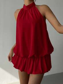 Aloruh 女式纯色荷叶边下摆挂脖迷你连衣裙 - 紅色 - 查看 5