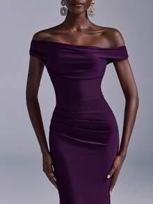 Elitara Váy đuôi cá trễ vai nhún bèo thanh lịch, thích hợp cho đám cưới, tiệc tùng, kỳ nghỉ, dạ hội, phù dâu (người lớn) - Màu tím - Xem 2