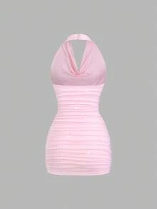 Sweetra Vestido ajustado brillante con espalda descubierta y cintura fruncida, adecuado para el uso diario, graduación, fiesta del Día de la Independencia - Rosa - Ver 2