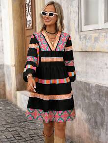 Brillora Women's V-Neck Ruffle Hem A-Line Print Vacation Dress - Black - View 3