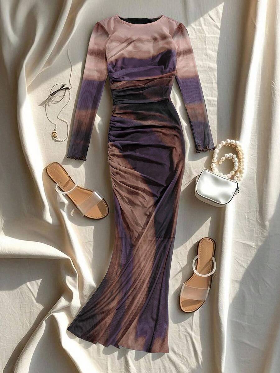 SHEIN PETITE 1 pieza Vestido de tela suave, elástica y de malla con estampado, juvenil para fiestas y vacaciones, vestido largo para mujer