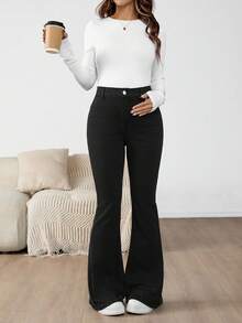 SHEIN 孕妇装 秋季 秋季 冬季 万圣节 圣诞节 新年 2000 年代 旅行、通勤、派对、度假、老钱风格、宴会、优雅、约会 商务休闲女装 乡村复古朴素老钱商务休闲女装 工作服 女士教师服装 教堂服装 女士高腰喇叭裤休闲百搭黑色牛仔裤 女士高腰喇叭裤黑色牛仔裤，纽扣开合，打造时尚造型 - 黑色 - 查看 7