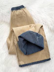 SHEIN 少女宽松抽绳腰蓝色牛仔保暖裤，秋冬季，保暖内衬牛仔裤，冬季牛仔裤，牛仔裤，保暖牛仔裤，休闲学院风，舒适时尚，简约实用，百搭柔软棉质面料，适合日常穿着、上学、旅行、户外活动，秋冬季返校季 - 中等水洗藍 - 查看 3