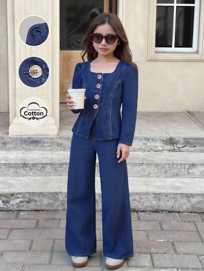 SHEIN Conjunto de dos piezas de niña preadolescente de moda casual de otoño e invierno con chaqueta de mezclilla y pantalones rectos holgados, estilo universitario cómodo y minimalista, de tela suave y versátil, ropa de otoño, atuendos de regreso a la escuela y homecoming