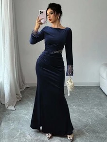 Elenzga Váy ngày lễ tình nhân màu đỏ, tay dài chắp vá đính hạt ngọc trai, eo xếp ly xẻ tà lãng mạn thanh lịch dành cho nữ - Màu xanh hải quân - Xem 7
