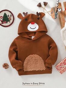 Cozy Pixies Baby Boy Cartoon Christmas Reindeer Pattern 3D Horn Casual Cute Thick Crew Neck Long Sleeve Sweatshirt Autumn Winter Clothes For Girl - Brown - View 6