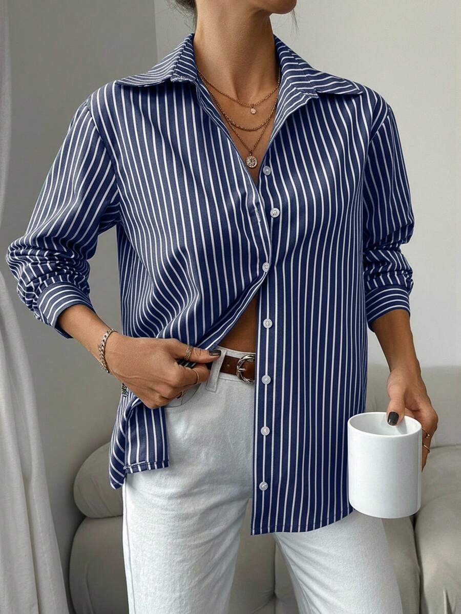 EURMUSE Chemise femme à manches longues minimaliste rayée, décontractée et polyvalente pour le travail et les déplacements - Bleu marine - Voir 1