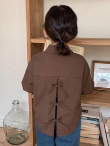 Dazy Kids Girls Young Girl Casual Style Shirt, Open Back Design With Cute Bow, Suitable For Daily Wear, Simple And Fashionable - Brown - View 4