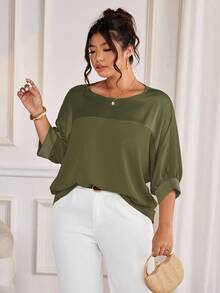 Cravure Plus Size Round Neck 3/4 Sleeve Metallic Fabric Patchwork Color-Blocking Raglan Sleeve Casual Blouse For Outing, Vacation, Commute, Party - Army Green - View 7