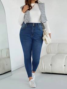 SHEIN CURVE+ Jeans skinny a vita alta blu scuro, a doppio petto, elasticizzati, adatti per l'autunno e l'inverno, per tutti i look da donna, costumi di Ognissanti, stile country per donna, chic autunnale