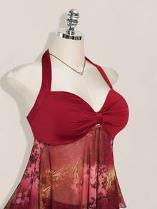SHEIN ICON Áo nữ cỡ lớn mùa hè kiểu dáng thường ngày, xếp ly, vạt áo bất đối xứng, cổ nơ - Màu Đỏ Sâu - Xem 5