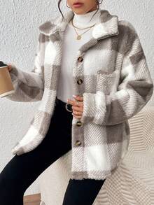 INAWLY Plus Size Women Casual Commuter Collegiate Plaid Pattern Drop Shoulder Loose Patchwork Pocket Teddy Fleece Jacket, Autumn/Winter