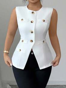 Elenzga 加大码优雅编织面料精致法式风格简约别致通勤百搭舒适前开式收腰背心，修身，女式夏季西装外套 - 白色 - 查看 1