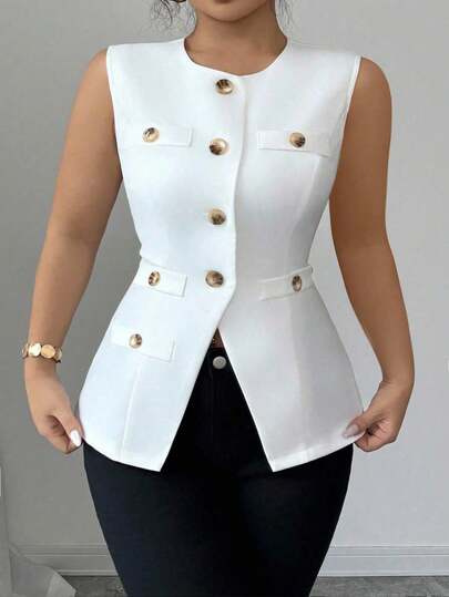 Elenzga Plus Size Elegant Woven Fabric Sophisticated French Style Minimalist Chic Commute Versatile Comfortable Open Front Cinched Waist Vest, Slimming, Women Summer Blazer Winter Fall Autumn