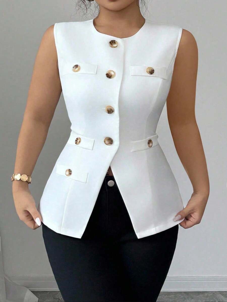 Elenzga 加大码优雅编织面料精致法式风格简约别致通勤百搭舒适前开式收腰背心，修身，女式夏季西装外套 - 白色 - 查看 1