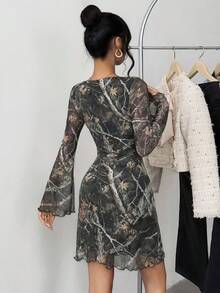 SHEIN 少女豹纹网眼喇叭袖迷你连衣裙 - 彩色 - 查看 2