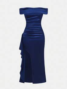 Pitira 女孩派对礼服下摆荷叶边侧开衩大腿缎面单肩伴娘礼服优雅正式晚会舞会婚礼宾客礼服适合毕业典礼、晚宴派对礼服 - 藏蓝色 - 查看 7