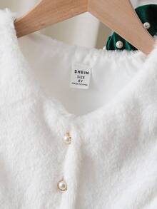 Elladie kids 3pcs/Set Elegant Stylish Young Girls Outfit, Includes Furry Vest, Velvet Pearl Embellished Turtleneck Dress, And Hat, Suitable For Parties, Christmas And Other Occasions, Autumn/Winter Fall Princess Halloween/Christmas Party Dresses For Vacation Autumn And Winter - Green - View 9