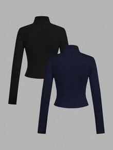 SHEIN EZwear 2pcs Black Knit Zip-Up Long Sleeve T-Shirt For Women, Suitable For Autumn/Winter,Fall - Multicolor - View 2