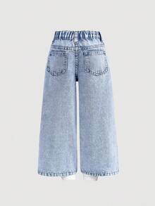 SHEIN Y2K 少女风可爱花卉爱心涂鸦印花蓝色牛仔宽松腰裤，斜腰设计，适合秋季、秋冬季休闲时尚度假穿着。 - 淺色水洗藍 - 查看 2